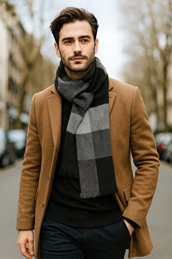 MEKİK BUTİK Black - Gray - Smoked Checkered Men's Scarf / Shawl