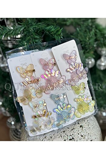 QUEEN AKSESUAR 3-Piece Hologram Shiny Butterfly Hair Clip Set with Yellow Green