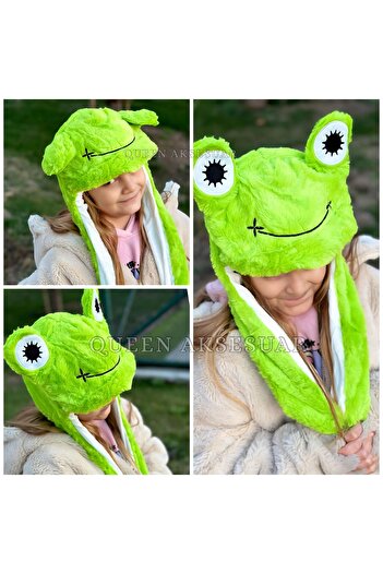 QUEEN AKSESUAR Cute Plush Frog with Moving Eyes and Ears with Pump Hat Fun Boys Girls Children Green