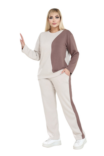 MELSAY Women's Plus Size Cream-Brown Garnished Modal Tracksuit Set