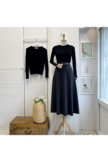 Faya Boutique Anthracite Belted Cashmere Flared Skirt