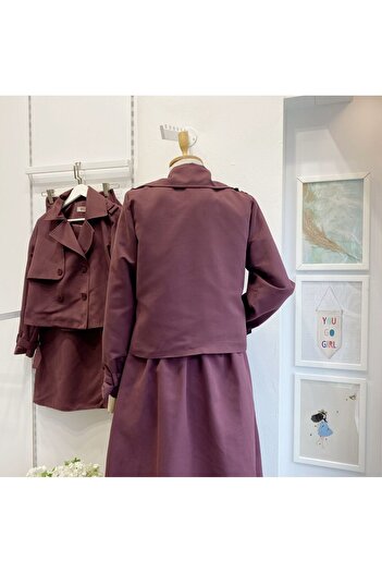 Faya Boutique Burgundy Trench Suit with Wrap Skirt