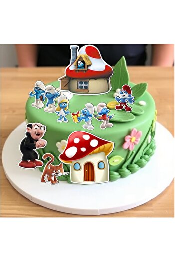 OEM Set 10 Toppers for Smurfs Cake, MDF Wood, Reusable, Multicolor, 6x13cm, Perfect for Birthday Parties
