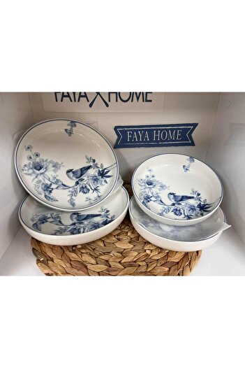 FAYA HOME Güral Porcelain 1891 Bird Pattern 4 Pieces Salad Plate Appetizer Plate Presentation Plate (19 cm & 23 cm) Deep Plate