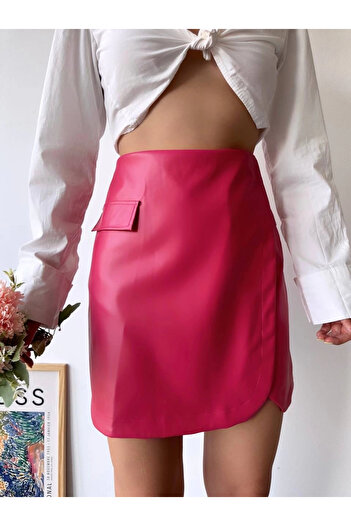 Işıltı kidss Fuchsia oval flap leather skirt with pocket detail h240048