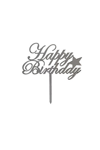 OEM Topper tort Happy Birthday, Promotional Print, HB01MDF2, mdf vopsit argintiu, 12x8 cm