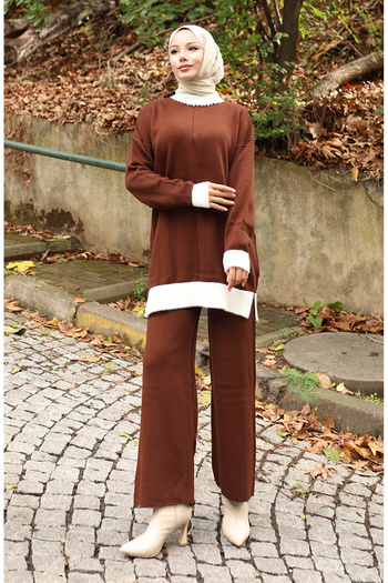 sefamerve Knitwear Pearl Detailed Tunic Trousers Double Suit 1011-07 Brown