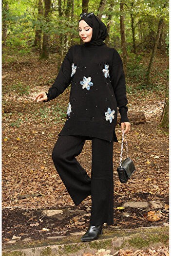 sefamerve Knitwear Floral Detailed Tunic Trousers Double Set 1006-09 Black