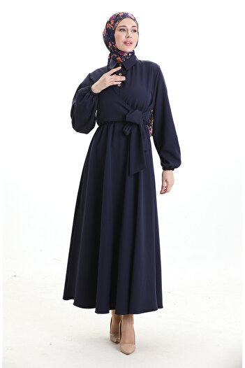 sefamerve Double-Breasted Collar Buttoned Belted Dress 0198-04 Navy Blue