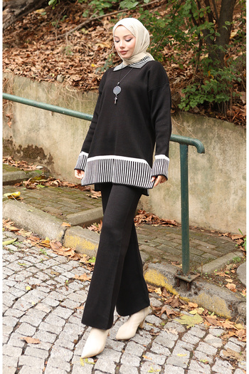 sefamerve Knitwear Stripe Detailed Tunic Trousers Double Set 1066-03 Black