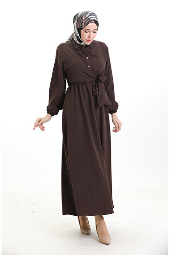 sefamerve Double-Breasted Collar Buttoned Belted Dress 0198-05 Brown