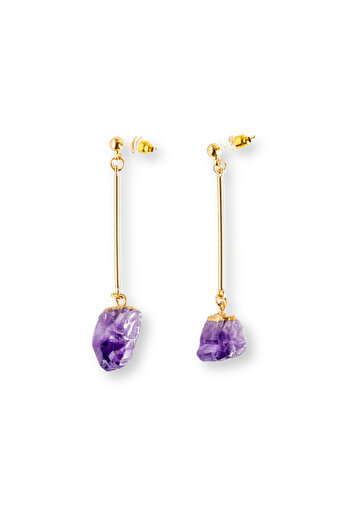craftmystic Long Golden Earrings with Raw Amethyst - Elegance and Spiritual Protection