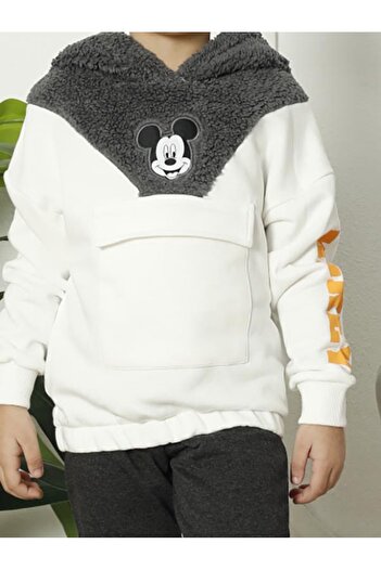 CLQTH Boys' Fleece Detailed Hooded Tracksuit Set – White / Anthracite