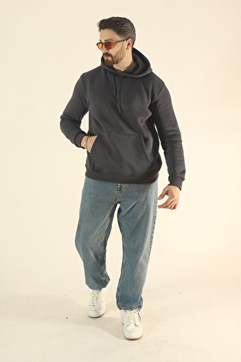 EydaMoon Men's Basic Winter Soft Textured Sweatshirt - Dark Smoked Regular Kangaroo Pocket Hoodie