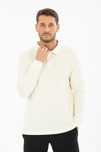 Store 100% Cotton Long Sleeve Polo Neck Pique Patterned T-Shirt - Regular Fit Buttoned
