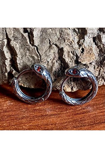 Viking Snake Design Red Stone Hoop Threadable 316L Stainless & Tarnish-Free Steel Earrings Pair