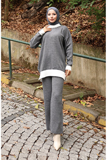 sefamerve Knitwear Pearl Detailed Tunic Trousers Double Suit 1011-05 Gray