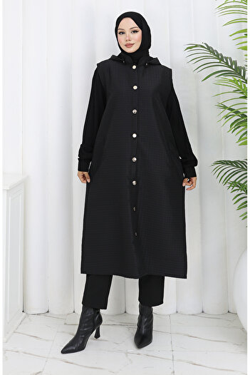 sefamerve Quilted Fabric Buttoned Vest 0186-03 Black