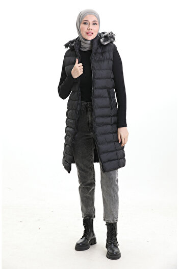 sefamerve Hooded Zippered Puffer Vest 0169B-01 Black