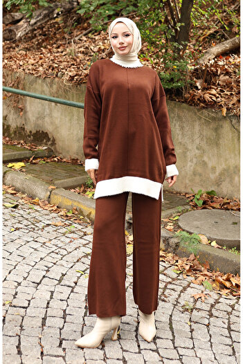 sefamerve Knitwear Pearl Detailed Tunic Trousers Double Suit 1011-07 Brown
