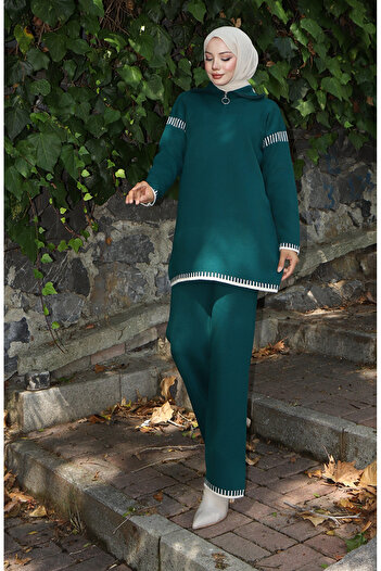 sefamerve Knitwear Zipper Collar Tunic Trousers Double Set 1061-02 Petrol