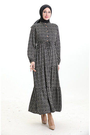sefamerve Geometric Pattern Waist Lace-Up Dress 0195-01 Black
