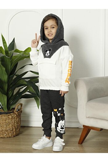 CLQTH Boys' Fleece Detailed Hooded Tracksuit Set – White / Anthracite