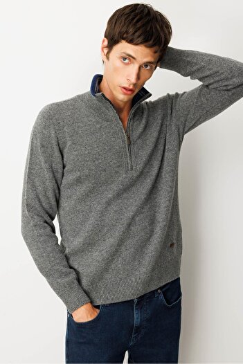 Desen Triko Men's Basic Wool Sweater with Zipper Collar Smoked