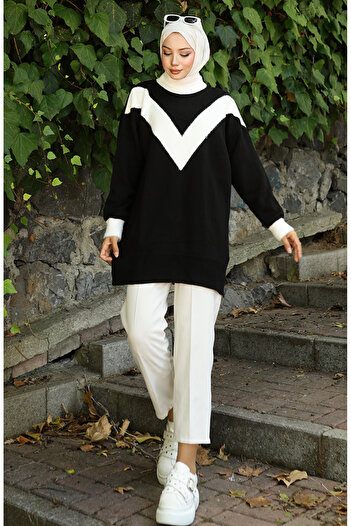 sefamerve Knitwear V Pattern Garnished Tunic 3017-04 Black