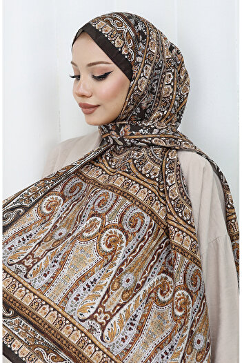 sefamerve Ethnic Pattern Voile Shawl 70303-01 Brown