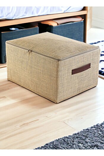 HomyJRs 35×42×23 Beige Jute Fabric Supported Storage Box – Storage Box with Leather Handle