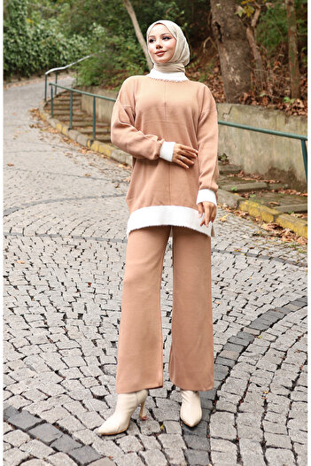 sefamerve Knitwear Pearl Detailed Tunic Trousers Double Suit 1011-02 Milky Coffee