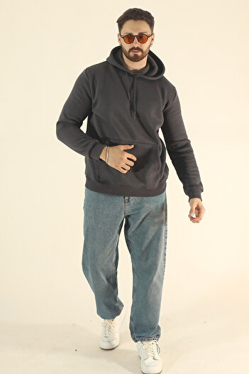 EydaMoon Men's Basic Winter Fleece-Lined Sweatshirt - Dark Smoked Regular Kangaroo Pocket Hoodie