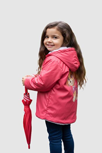 Baby Pearly Çaren Kids - Fur Lining Zipper Closure Hooded Back Print Detailed Unisex Children's Raincoat