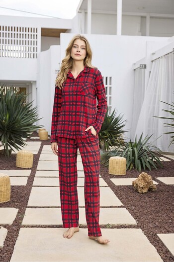 Aydoğan Red Checkered Patterned Front Tie Shirt Collar Women's Long Sleeve Pajama Set