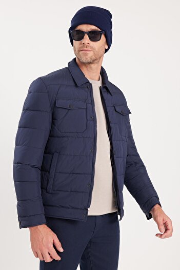Tudors Men's Regular Fit Classic Cut Double Pocket Snap Closure Dark Blue Coat