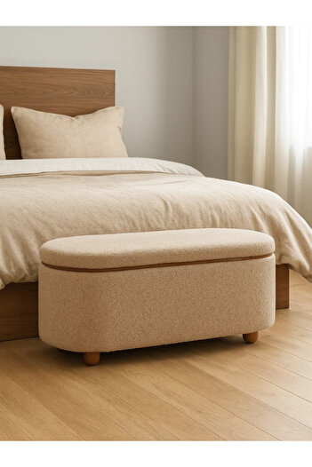 MARIA HOMES Brown Oval Storage Ottoman Bench with Wooden Base – Modern Fabric Seat 109×43×49 cm