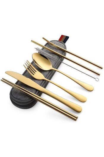 Quasar & Co. Set of 14 stainless steel cutlery, for office, travel, camping, storage bag, 24 x 7 cm, gold