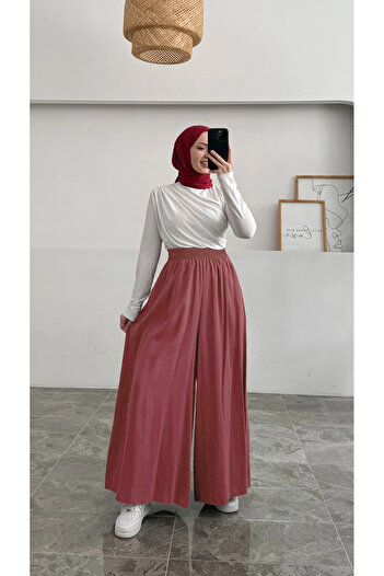 Hatun Atila Elastic Waist Wide Leg Modal Skirt Pants - Soft Burgundy