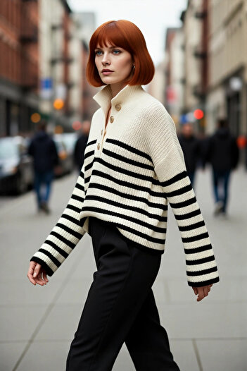 PayBuy Pulover de tricotat cu dungi oversize pentru femei, cu mâneci joase, croială crop, stil casual, elegant, iarnă, de bună calitate