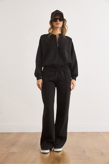 Olalook Women's Black Zippered Top with Stitching Detail on the Bottom Tracksuit Set Etkm-0000085