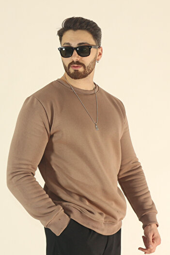 EydaMoon Men's Basic Winter Fleece-Lined Sweatshirt - Brown Regular Crew Neck