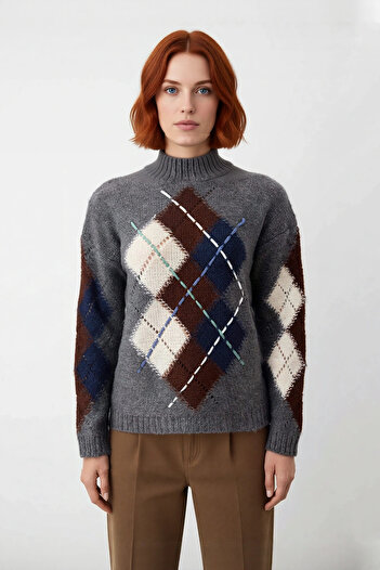 PayBuy Pulover de tricotat oversize pentru femei, cu model baklava, cu guler înalt, cu mâneci joase, confortabil, lung, combinații elegante de iarnă