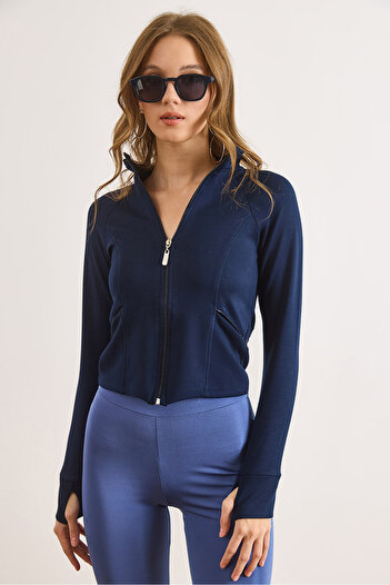 Olalook Women's Navy Blue Cupra Modal Flexible Sports Jacket with Thumb Holes Ckt-19000488