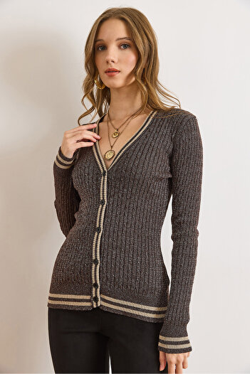 Olalook Women's Brown Stripe Detailed Hair Knitwear Cardigan Hrk-19000428