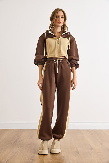 Olalook Women's Brown Color Detailed Embroidered Thick Winter Tracksuit Set Etkm-0000073