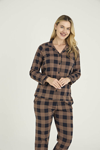 KLY 100% Cotton Women's Lapel Collar Buttoned Pajama Set