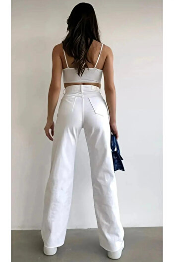 mooishan B,A,Y,A,Z Lycra Women's Casual Pants Jean White Wide Leg Trousers-1