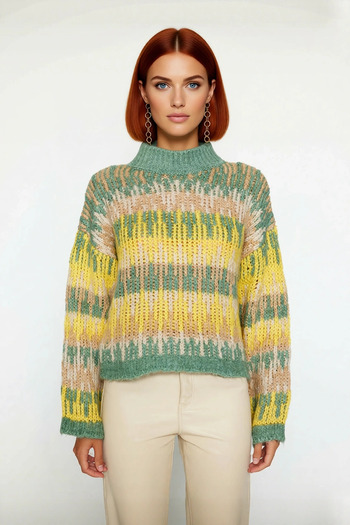 PayBuy Pulover de tricotat crop gros, cu guler înalt, cu mâneci joase, cu modele etnice pentru femei, eleganță casual de iarnă
