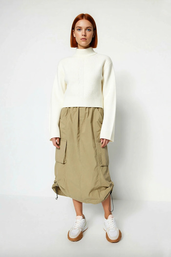 PayBuy Pulover de tricotat crop pentru femei, cu guler înalt, cu mâneci bufante, detaliu din amestec acrilic, casual, elegant